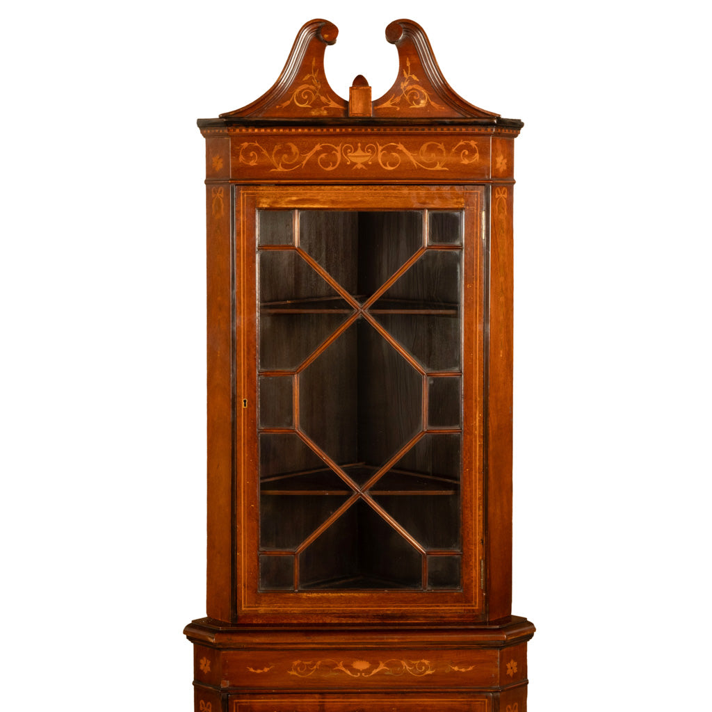 Antique Edwardian Regency Revival Inlaid Marquetry Mahogany Corner Cabinet 1890