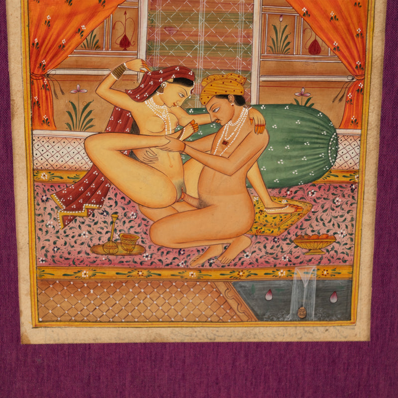 Antique 18th Century Pair Indian Hindu Erotic Kamasutra Miniature Paintings 1750