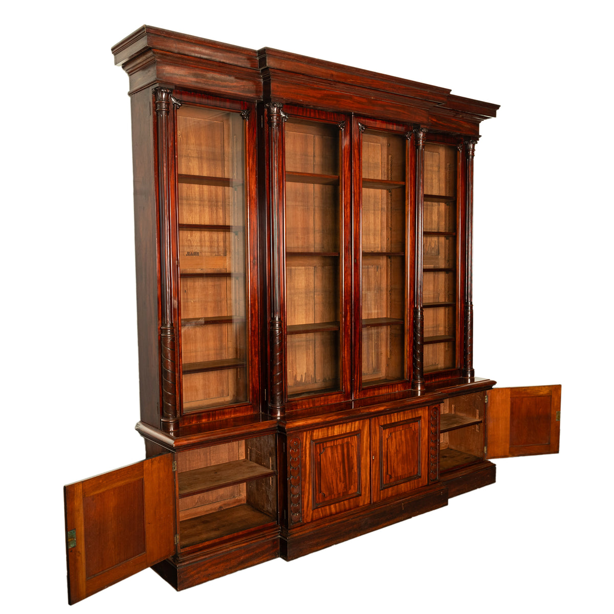 Monumental Antique Irish Carved Mahogany Breakfront Bookcase Bibliotheque 1850