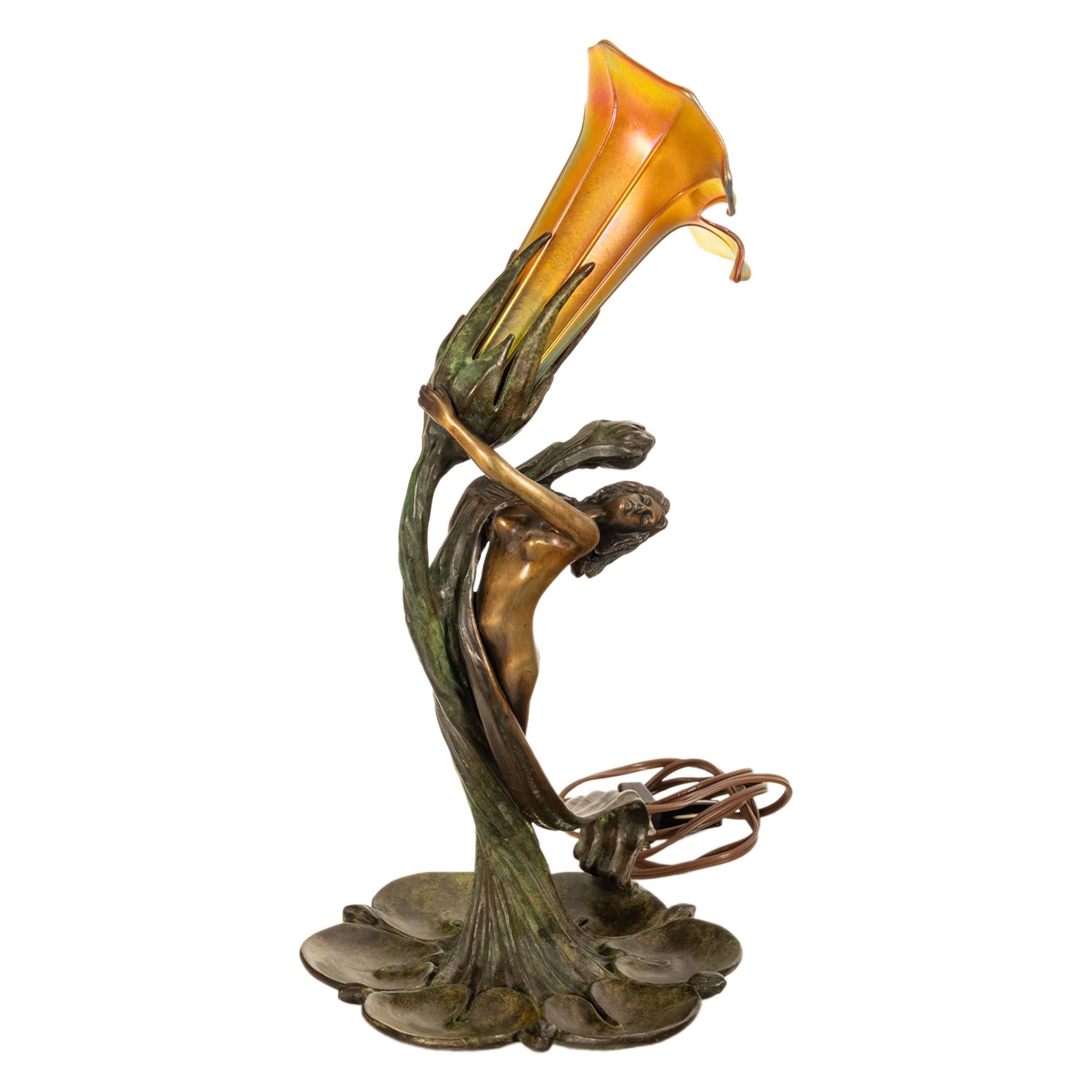 グスタフ　グルシュナー アール・ヌーヴォー　gustav gurschner Antique Art Nouveau Austrian Bronze Figural Lamp Loetz Glass