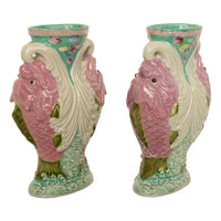 Pair Antique Chinese Qing Dynasty Wucai Glaze Porcelain Double Dragon Fish Vases, 1890