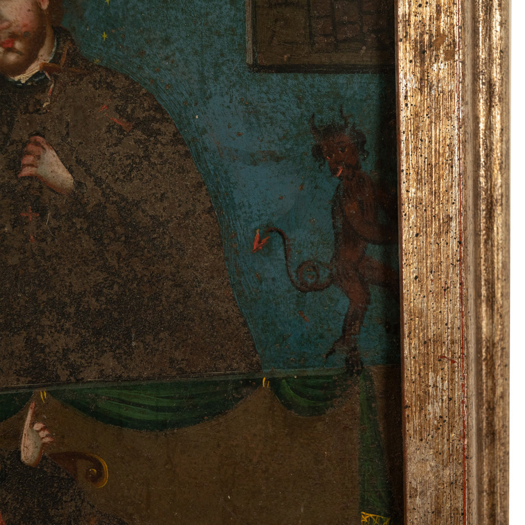 Antique 18thC Spanish Colonial Icon Painting Retablo St. Camillus & Christ 1760