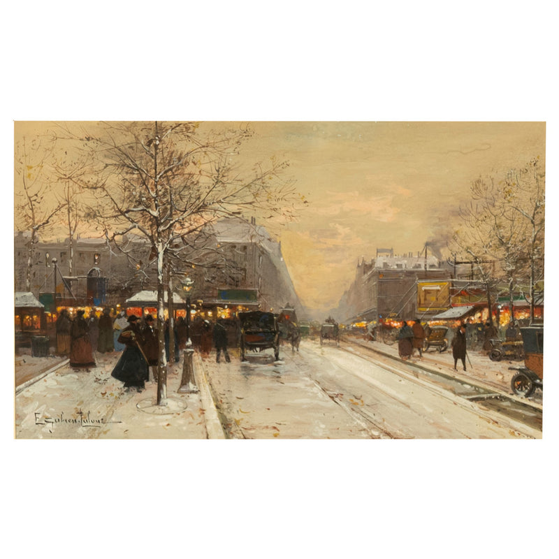 French Impressionist Painting Winter Landscape Scene "Foire de Montmartre" Paris by Eugene Galien-Laloue, 1900