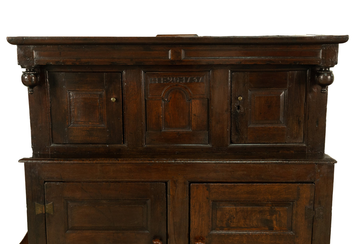 Antique Early 18th Century Welsh English Deuddarn Carved Oak Court Cupboard 1737