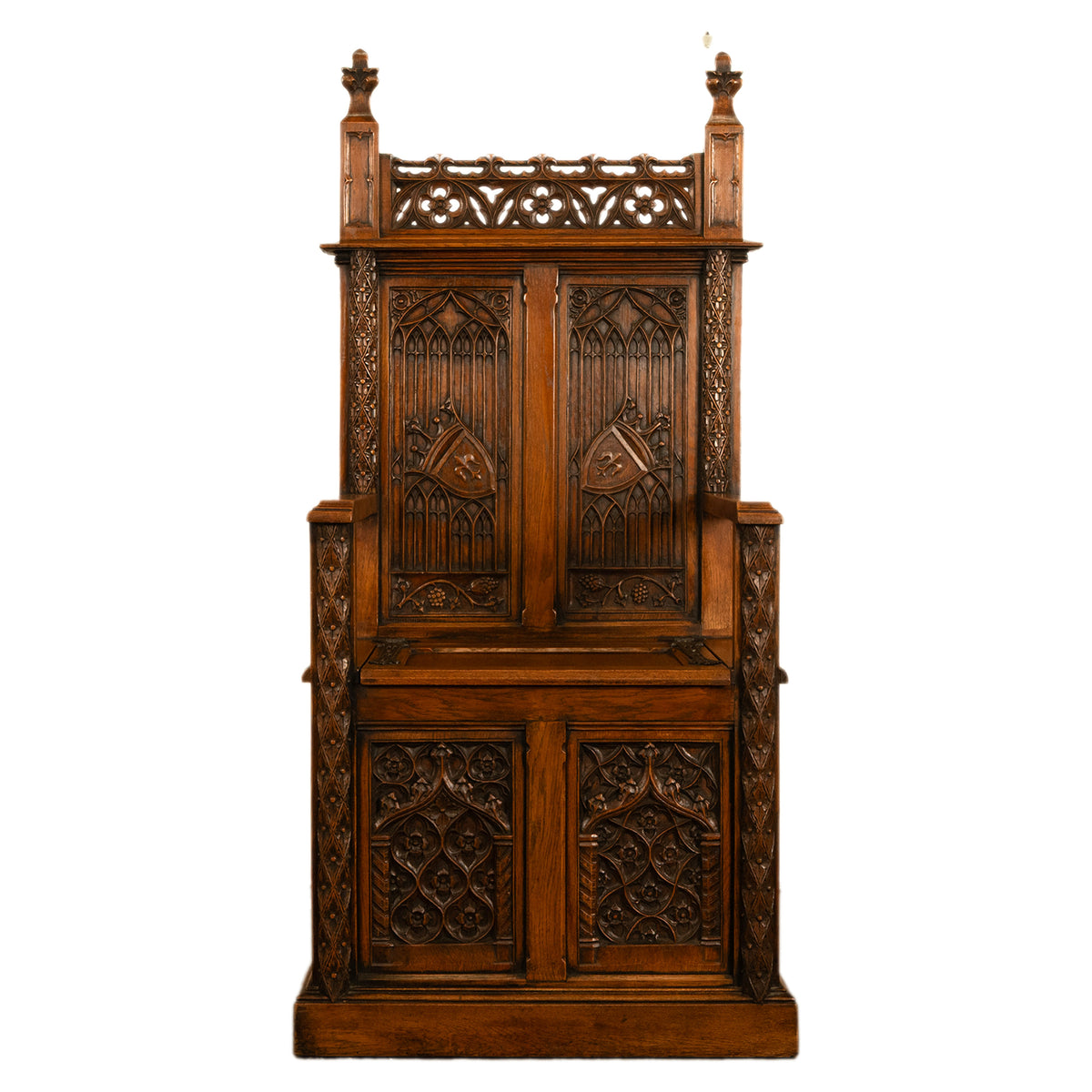 Antique 19thC French Carved Oak Gothic Revival Throne Storage Chair Seat 1880