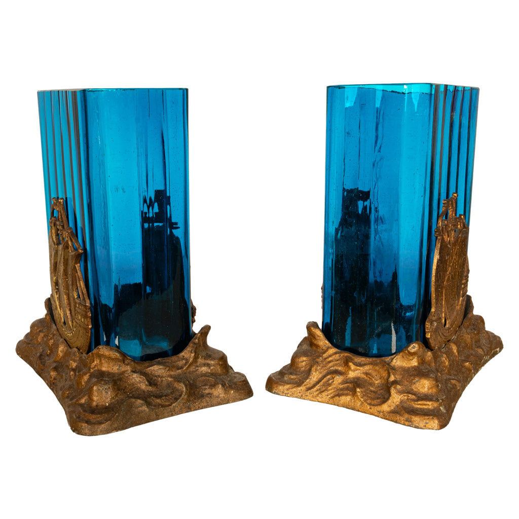 Antique American Art Deco Brass Glass Vases Ship Bookends Bradley & Hubbard 1925