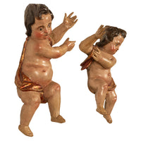Pair Antique 18thC Italian Baroque Carved Polychrome Putti Angels Statues 1700