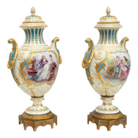 Pair Antique French Sevres Handpainted Gilded Ormolu Porcelain Urns signed 1890