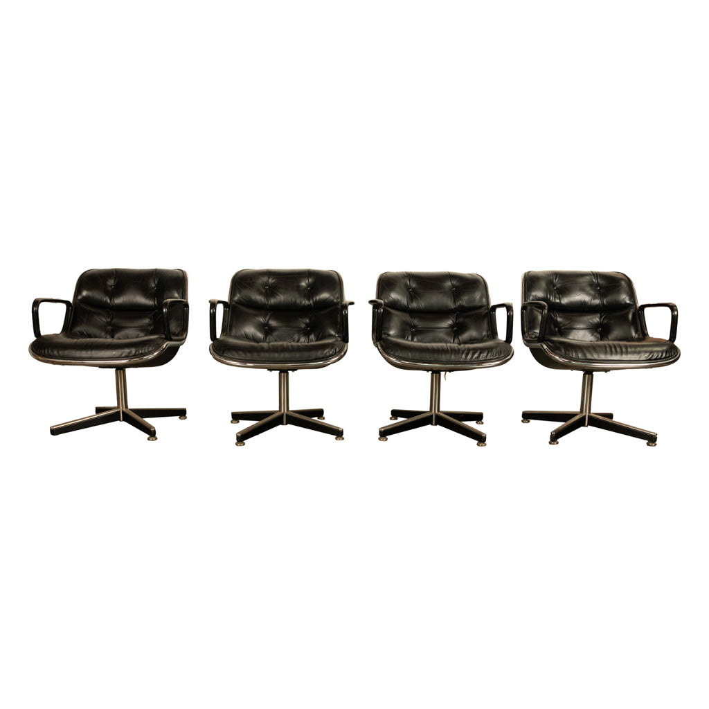 Set of 4 Mid Century Modern Charles Pollock Knoll Black Leather Executive Chairs, 1963