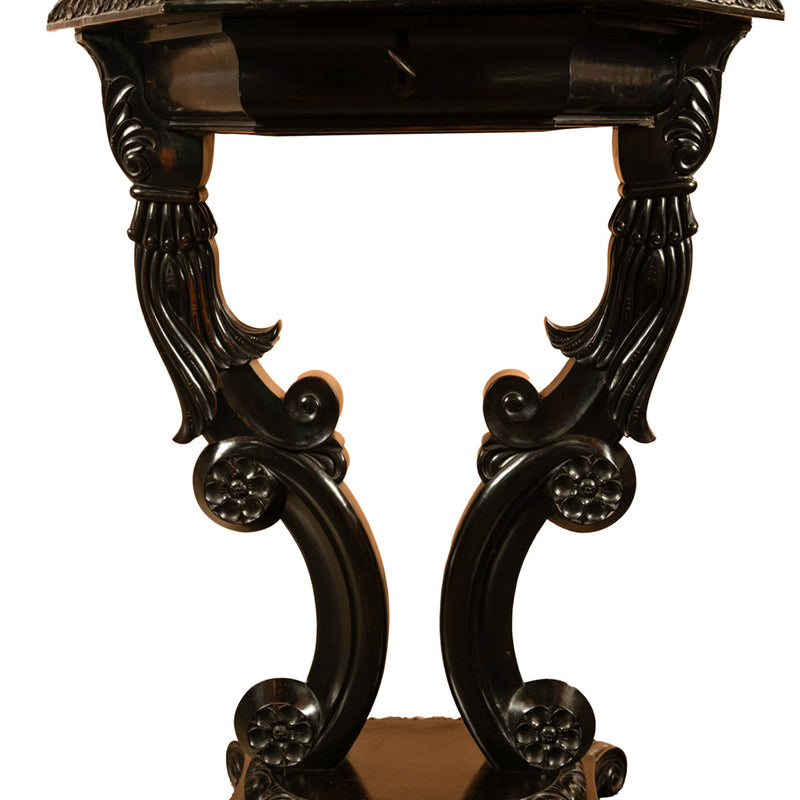 Antique Ceylonese Carved Rosewood Ebony Ivory Silver Specimen Inlaid Table 1850