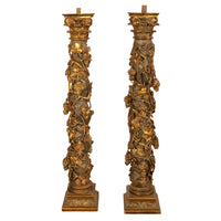Antique Pair 17th Century Baroque Carved & Gilded Solomonic Columns Italy 1680