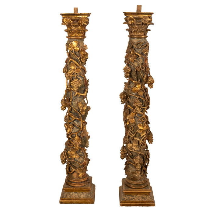 Antique Pair 17th Century Baroque Carved & Gilded Solomonic Columns Italy 1680