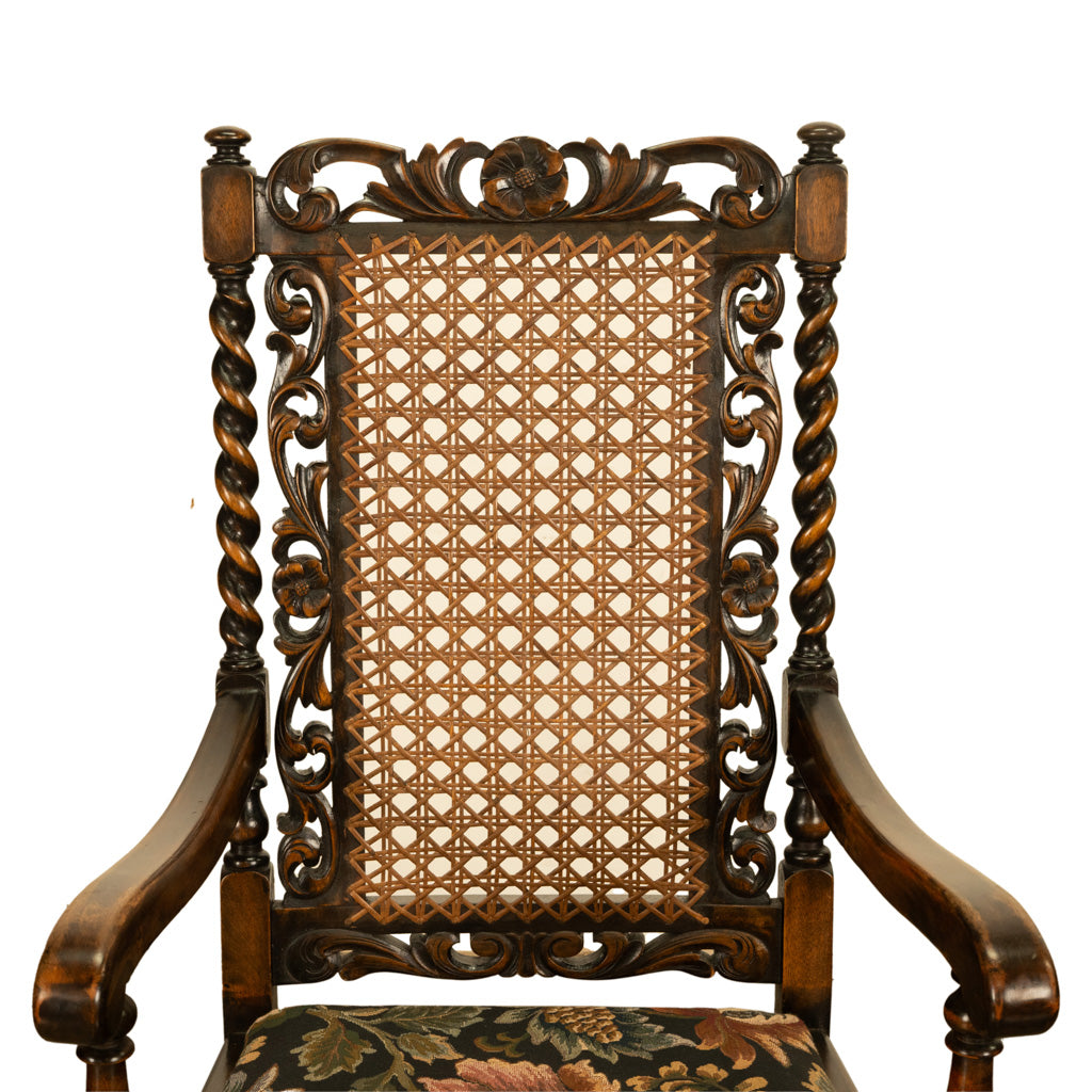 Antique 19thC Set 6 Carved Caned Jacobean Barley Twist Walnut Dining Chairs 1870