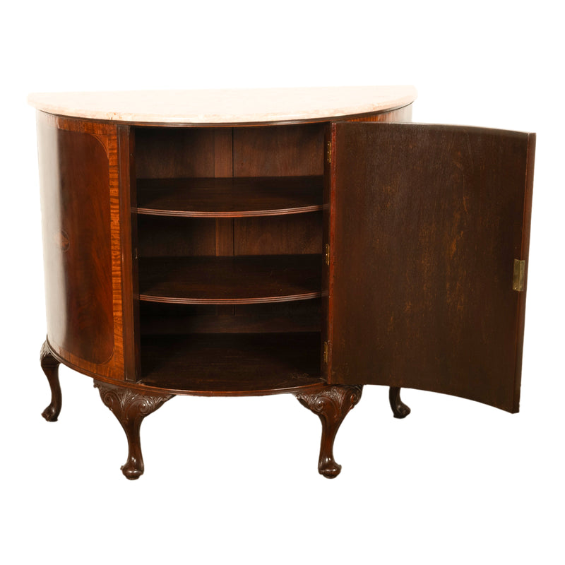 Antique Mahogany Marble Top Demi-Lune Marquetry Inlaid Drinks Cabinet or Server, Circa 1900