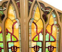 Pair Antique American Stained Glass Gothic Art Nouveau Doors Windows Povey Bros Circa 1900