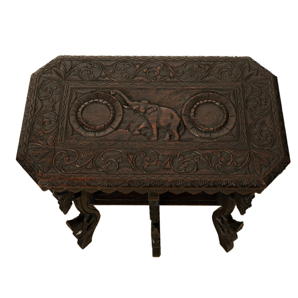 Antique Carved Anglo Indian Teak Wood Elephant Twin Tier Lamp Side Table 1900