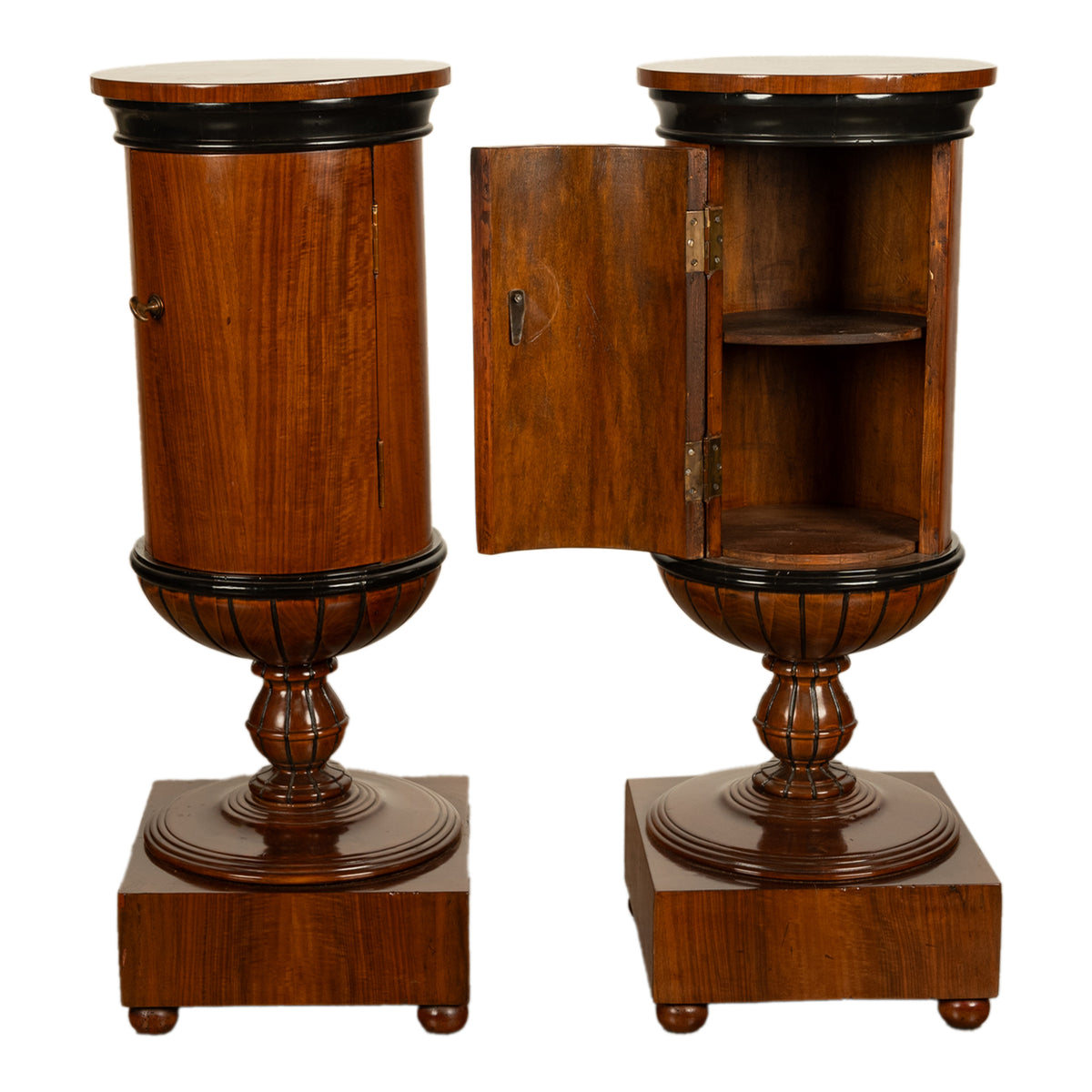 Pair Antique Austrian Walnut Biedermeier Drum Pedestal Cabinets Nightstands 1830