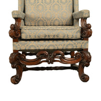 Pair 17th Century Style Carolean Carved Walnut Throne Wing Back Armchairs 1860