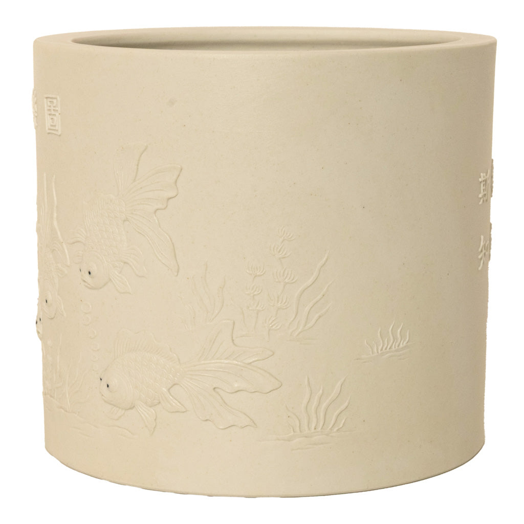 Antique Chinese Qing Biscuit Porcelain Scholar's Brush Pot Bitong Gold Fish 1850