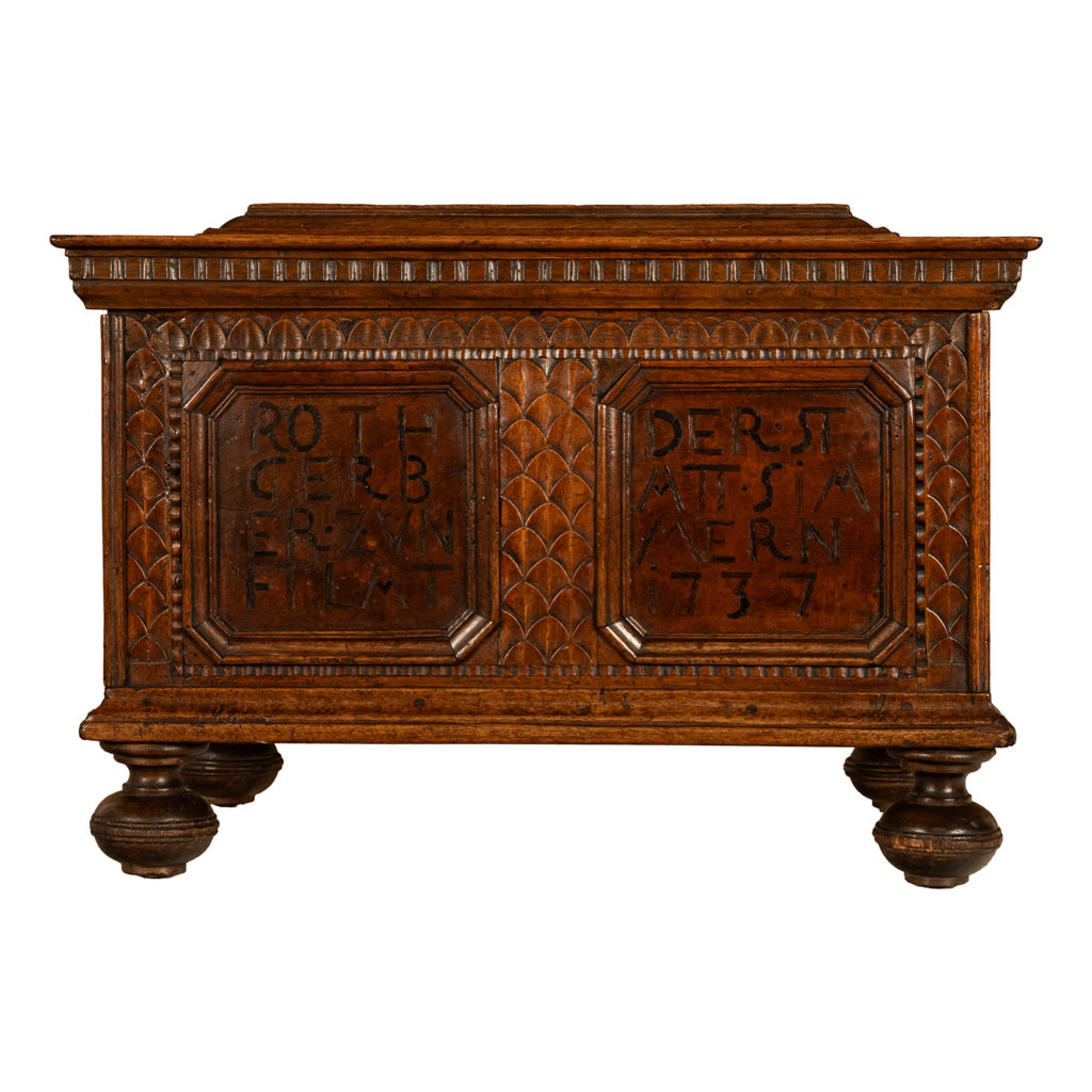 Antique Carved Walnut & Iron Coffer Chest Strong Guild Box Simmern Germany 1737