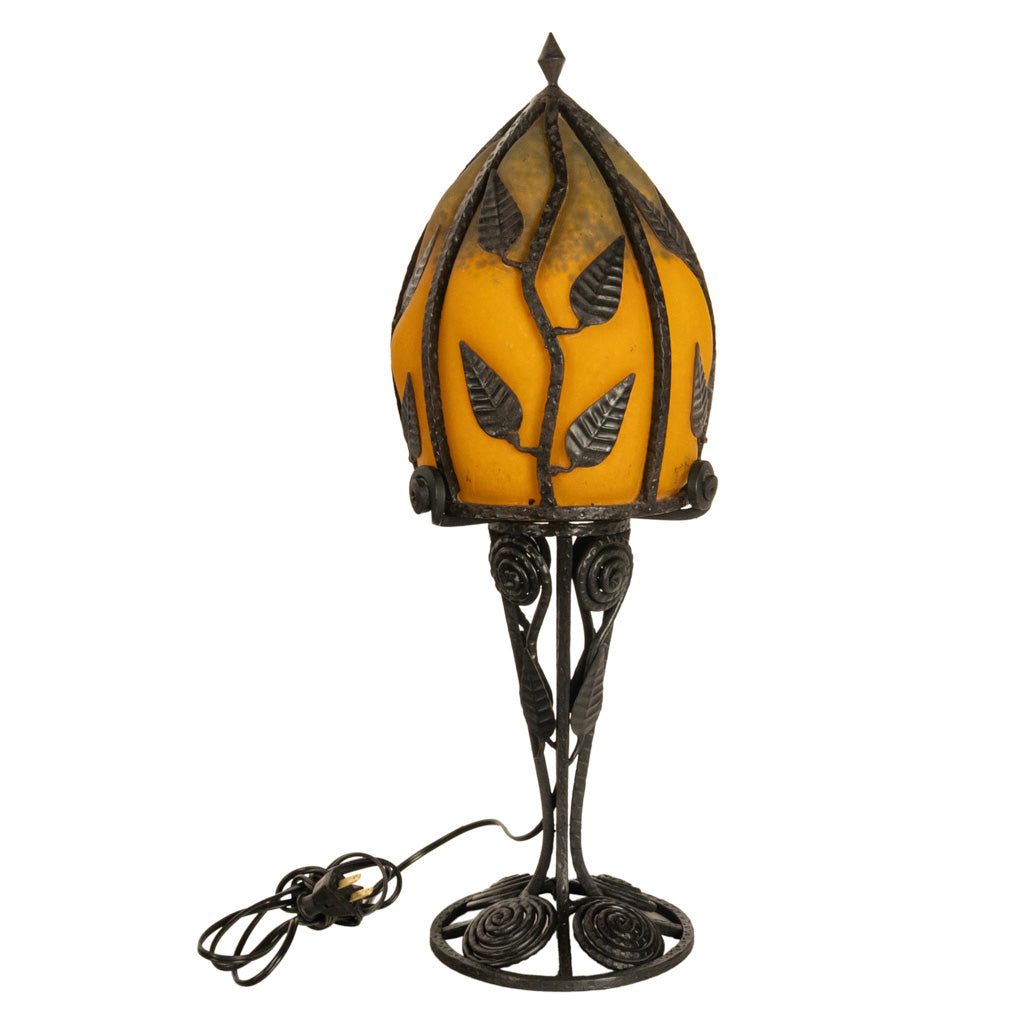 Large Antique French Art Deco Daum Glass & Edgar Brandt Iron Table Lamp 1920s