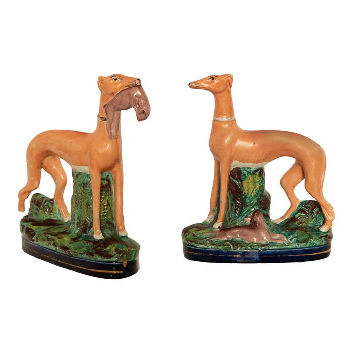Antique 19thC Pair of Staffordshire Whippets Greyhounds Hunting Dog Figures 1860