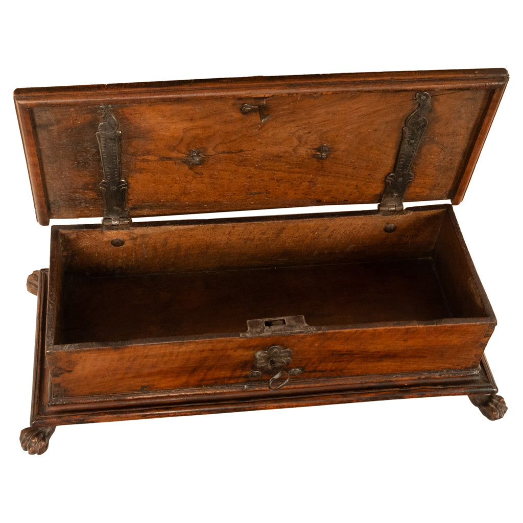 Antique Italian Baroque Walnut & Engraved Iron Jewelry Strong Box Cassone 1600