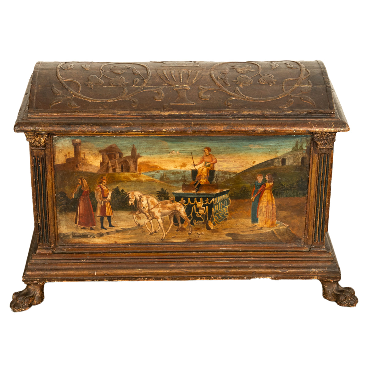 Italian Renaissance Gilded & Painted Polychrome Carved Wood Cassone Chest Coffer