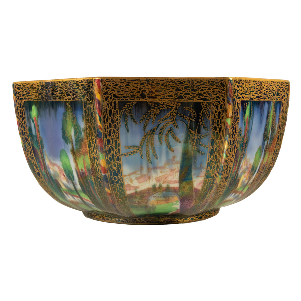Large Wedgwood Fairyland Lustre Potrcelain Bowl Elves Boxing Match & Castle on a Road 1920