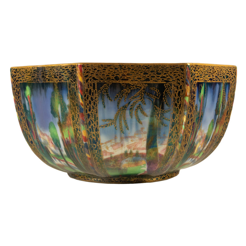 Large Wedgwood Fairyland Lustre Potrcelain Bowl Elves Boxing Match & Castle on a Road 1920