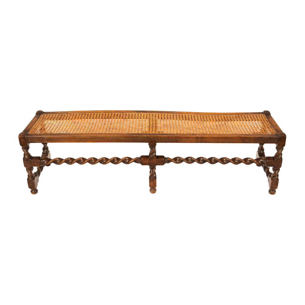 Antique English Jacobean Carved Walnut Barley Twist Caned Long Bench Seat 1880