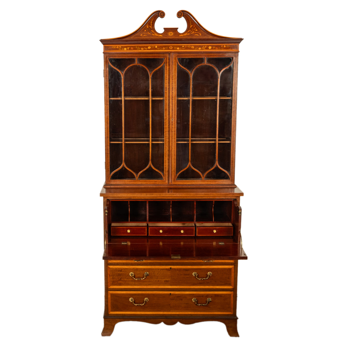 Antique Georgian Sheraton Marquetry Mahogany Bureau Bookcase Butler's Secretary Circa 1810