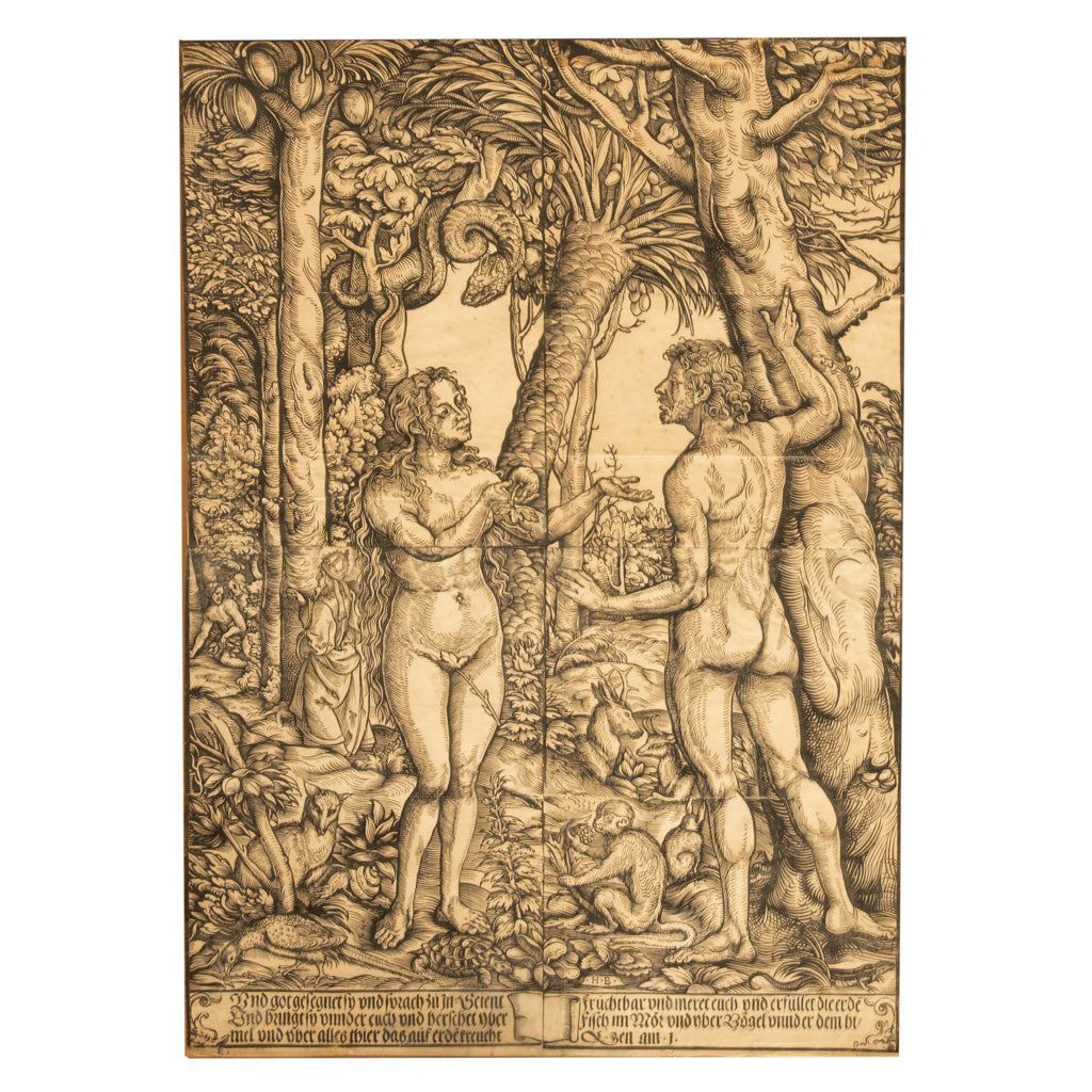 16thCentury German Northern Renaissance Woodcut Print Adam & Eve Baron Von Lanna by Hans Burgkmair the Elder, 1525
