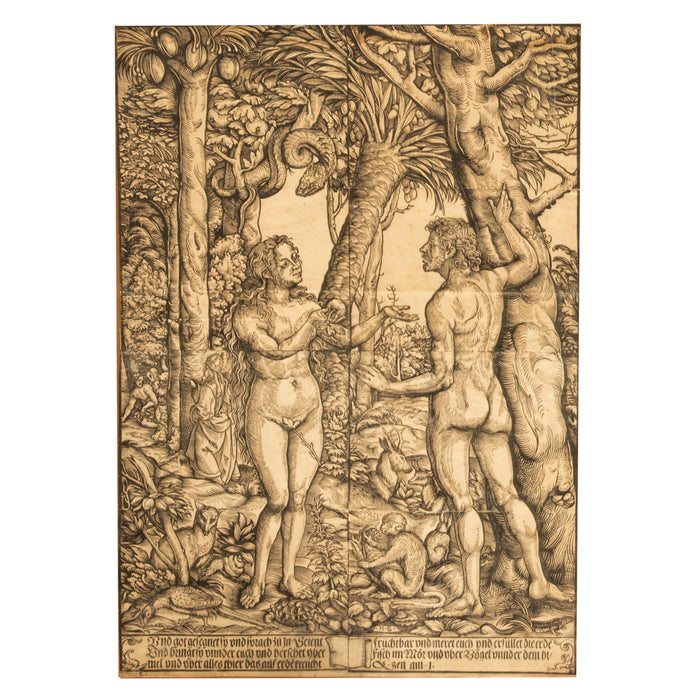16thCentury German Northern Renaissance Woodcut Print Adam & Eve Baron Von Lanna by Hans Burgkmair the Elder, 1525