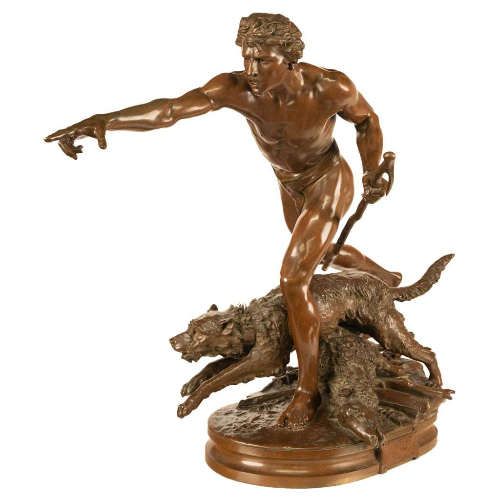Monumental French Figurative Bronze Statue 'Au Loup' Shepherd Dog Sheep Hunting by Louis-Auguste Hiolin, 1874