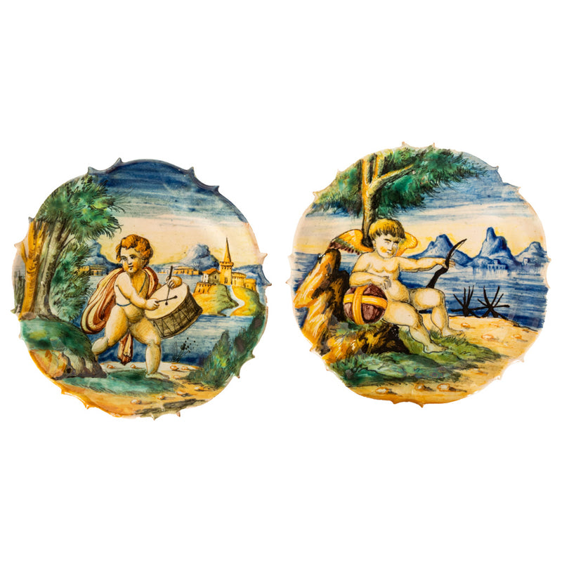 Antique 19th Century Pair Early Cantagalli Majolica Istoriato Plates Italy 1880