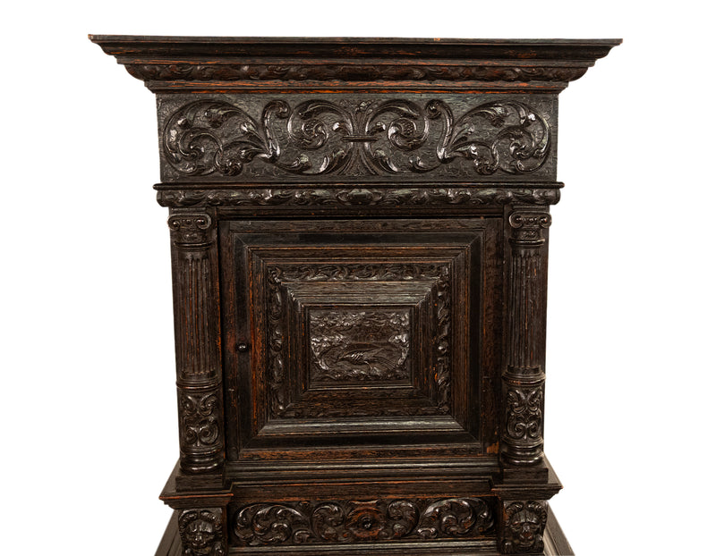 Antique 17th Century Dutch Carved Ebonized Oak Credence Cabinet on Stand 1680