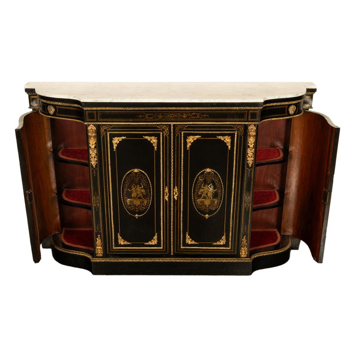 19th Century French Napoleon III Ormolu & Marble Ebonized Cabinet Sideboard 1860