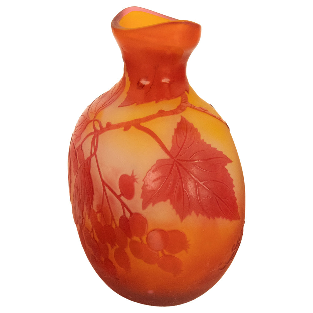 Antique French Art Nouveau Cameo Art Glass Emile Galle Vase Leaves Berries 1900