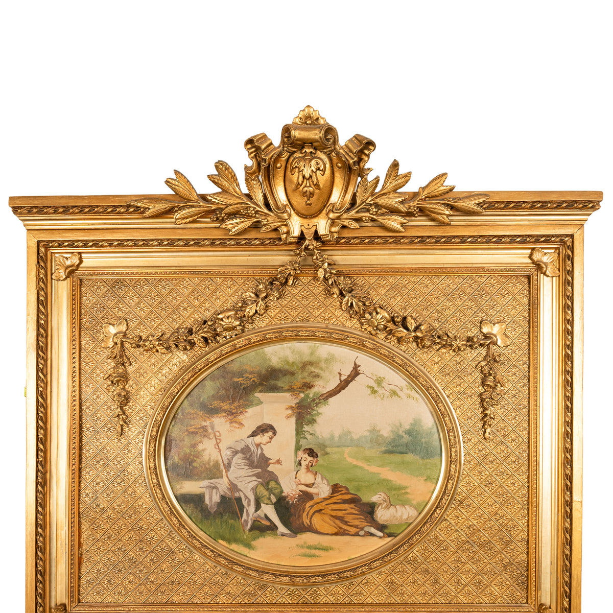 Large 6ft+ Antique Louis XV French Gilded Hand-Painted Trumeau Wall Mirror 1860