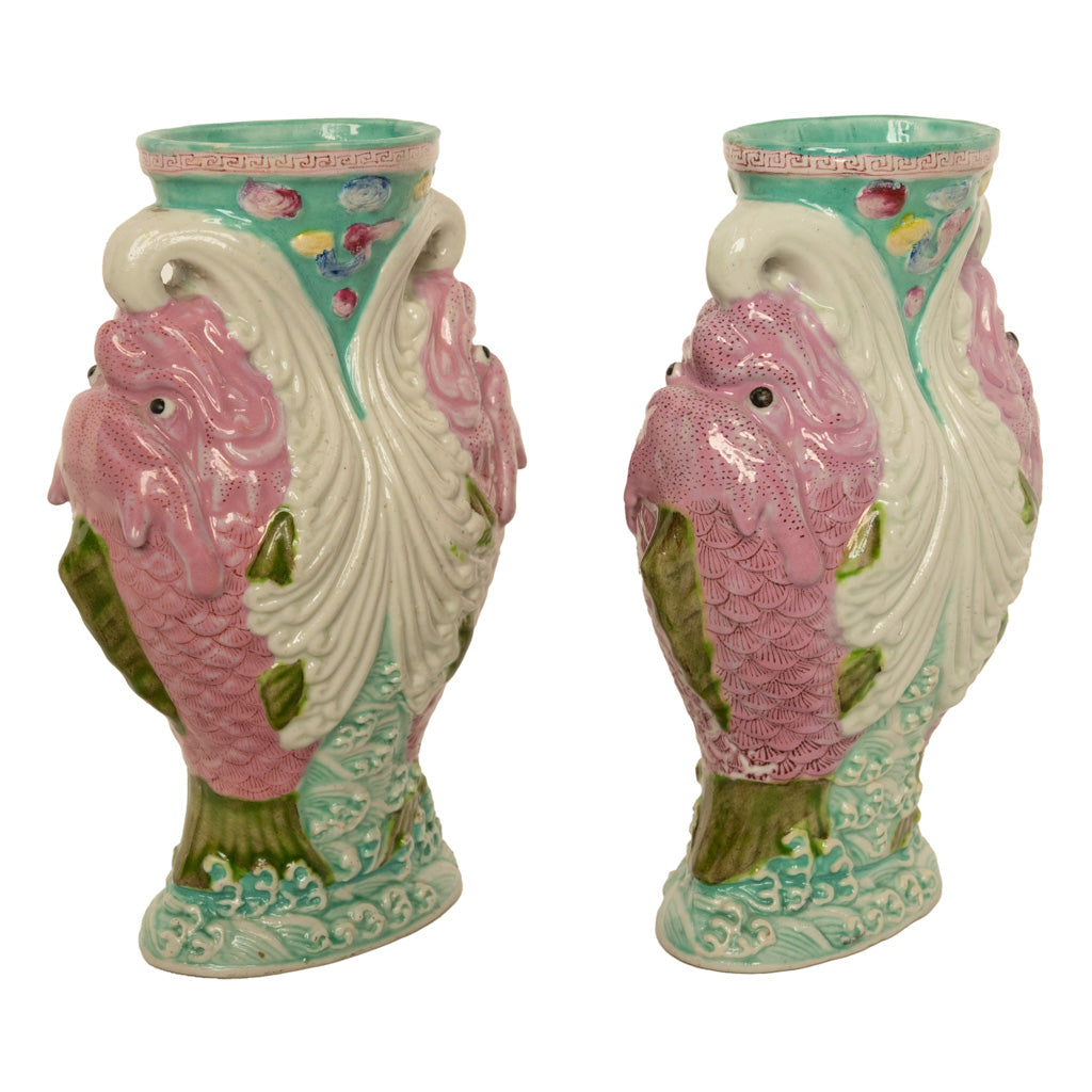 Pair Antique Chinese Qing Dynasty Wucai Glaze Porcelain Double Dragon Fish Vases, 1890