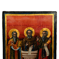 Antique Greek Eastern Orthodox Religious Painted Icon Egg Tempera 3 Saints 1780