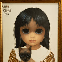 Authentic Oil Painting on Panel "Big Eyes" Beautiful Young Girl with Siamese Cat by Margaret Keane, 1980