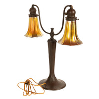 Antique American Art Nouveau Bronze Handel Table Lamp Steuben Aurene Glass Shades Circa 1910