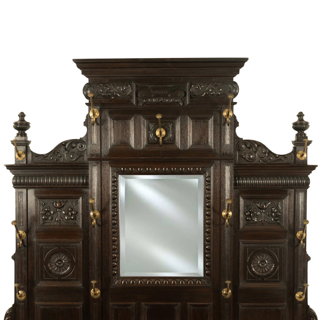 Antique Monumental Renaissance Revival Carved Oak Hall Tree Stand Mirror 1890