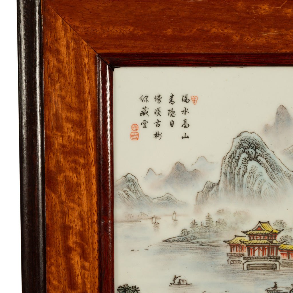 Pair Antique Chinese Republic Period Hand Painted Porcelain Hongmu Plaques 1920