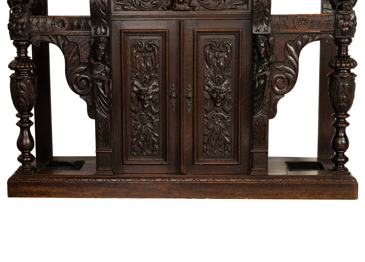 Antique 19th C Scottish Carved Oak Hall Cupboard Mirror Tree Lions Angels 1890