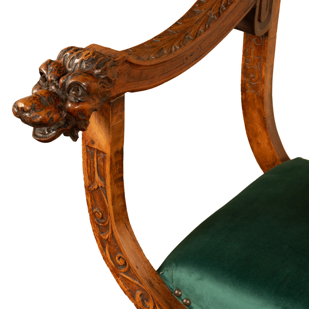 Antique Renaissance Revival Carved Walnut Green Man Savonarola Chair Circa 1890