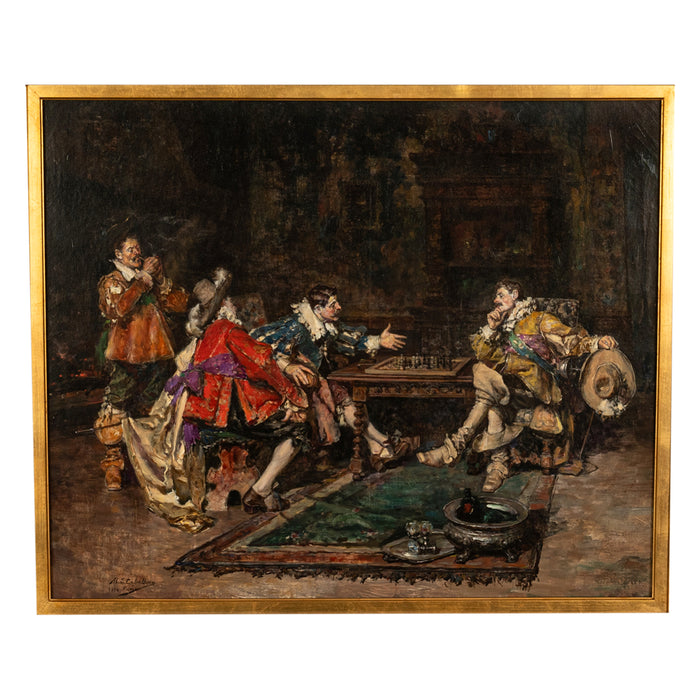 Antique Spanish Oil on Canvas Painting French Cavaliers Playing Chess Paris by Maximo Juderias Caballero  1910