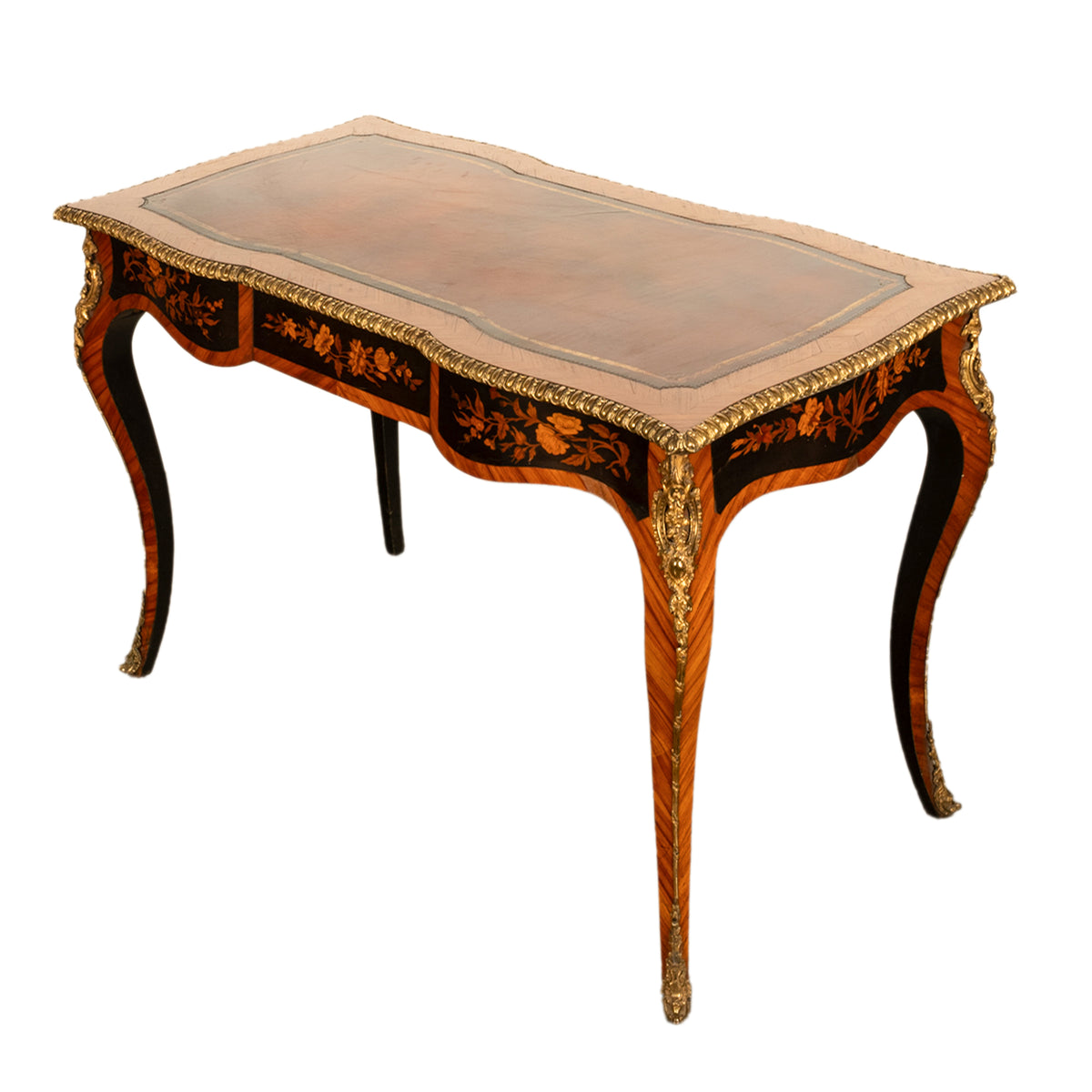 Antique French Louis XV Tulipwood Marquetry Ormolu Bureau Plat Writing Table Circa 1880